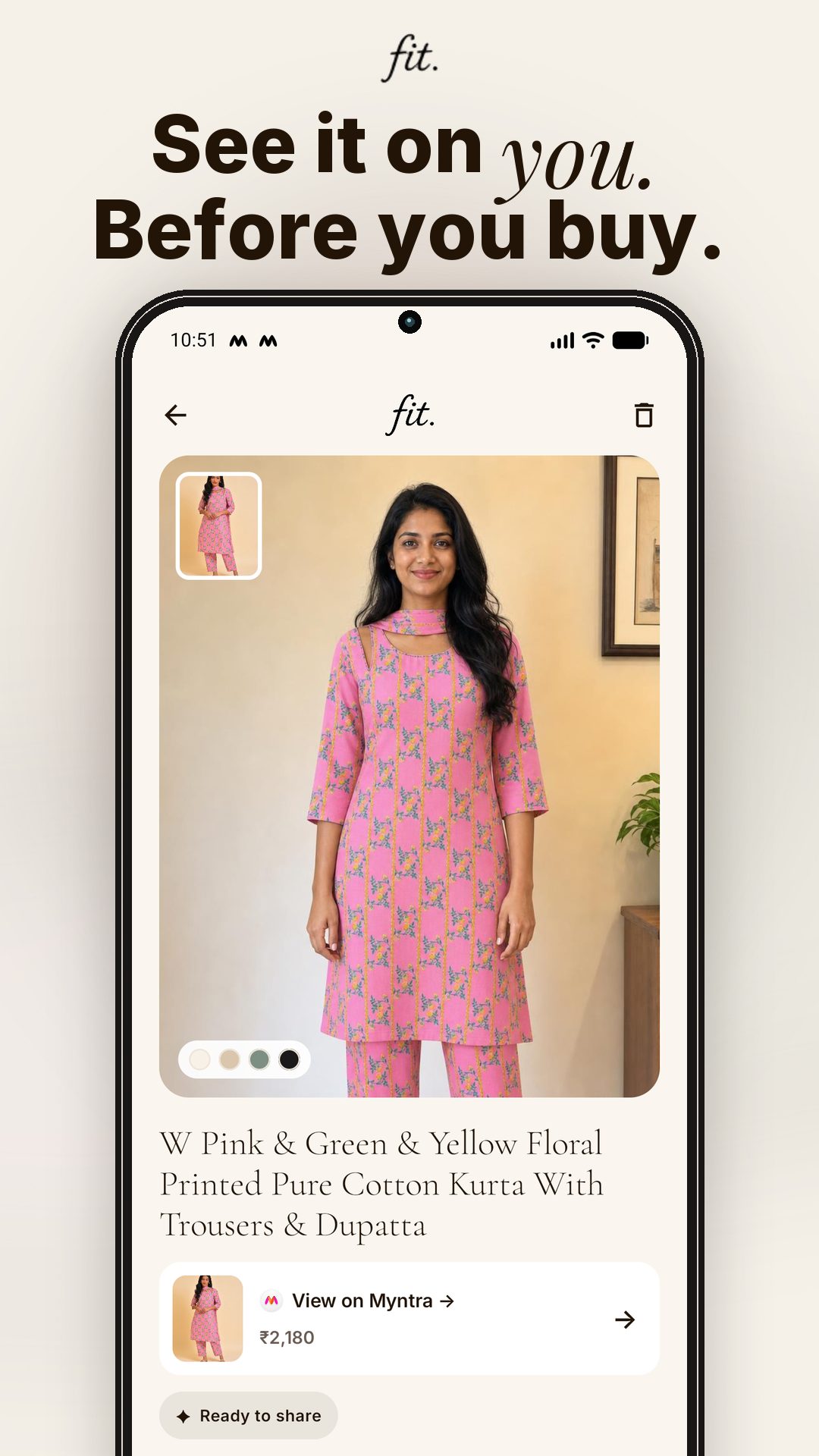 Fit virtual try-on result showing a shopper wearing a pink floral kurta